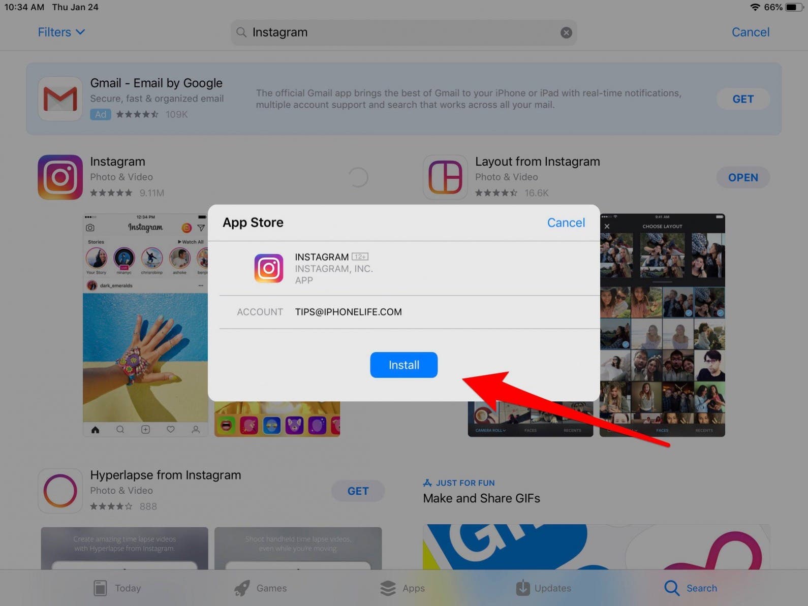 После завершения загрузки приложения нажмите «Открыть», и вам будет предложено установить Instagram на свой iPad