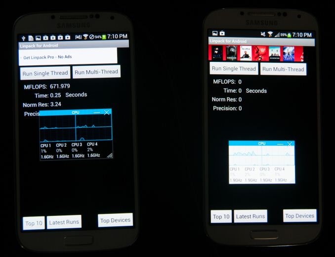 Linpack для Android: все ядра Exynos 5 Octa 1,6 ГГц (слева), Snapdragon 600 со всеми ядрами 1,9 ГГц (справа)